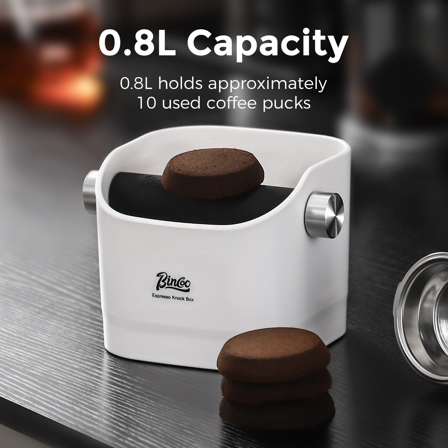 Bincoo GYKF2270 Square Coffee Knock Box 0.8L – ABS Espresso Knock Bin with Non-Slip Base, Wide 4.6" Slanted Opening & Detachable Silicone Knock Bar for Easy Cleaning and Quiet Use(Black square)