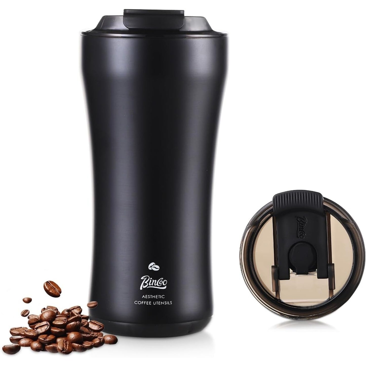 Bincoo 316 Stainless Steel Insulated Coffee Travel Mug 12.8oz,Leak-proof Insulated Travel Coffee Tumbler Keeps Drinks Hot/Cold for 6 Hours,with Storage Compartment,Ideal for Office,Outdoors,Car