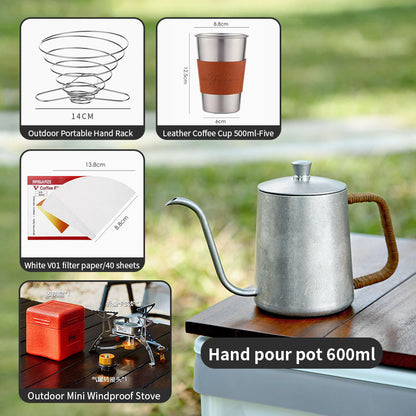 Bincoo Outdoor Pour Over Coffee Kettle - Retro Stainless Steel Gooseneck Spout Coffee Pot with Hemp Rope Handle, Aesthetic Hand Drip Pot for Camping & Home Brewing