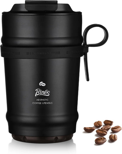 Bincoo 11oz Travel Coffee Mug Tumbler with Flip Lid-316 Stainless Steel Vacuum Coffee Cup with Ceramic Liner for Hot and Cold,Portable Insulation Mug with Rope for Ootdoor Home