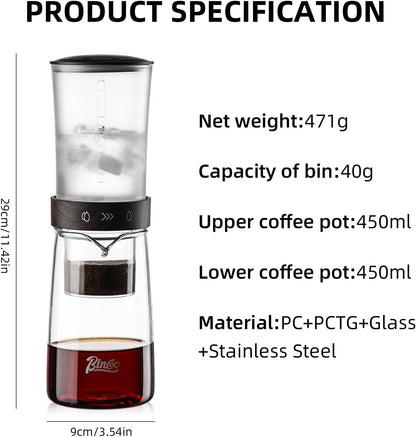 Bincoo GYKF2195 Cold Brew Coffee Maker 450ML, Ice Drip Coffee Brewer,Slow Drip Coffee Maker with Fine Mesh Filter, Adjustable Water Flow (Dark Brown)