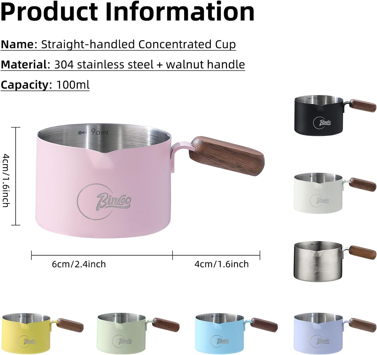 Bincoo GYKF2244 Espresso Shot Cup with Wood Handle,100ML Stainless Steel Espresso Measuring Cup Pouring Cup for Coffee Machine, Home, Barista