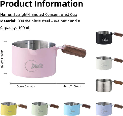 Bincoo GYKF2244 Espresso Shot Cup with Wood Handle,100ML Stainless Steel Espresso Measuring Cup Pouring Cup for Coffee Machine, Home, Barista