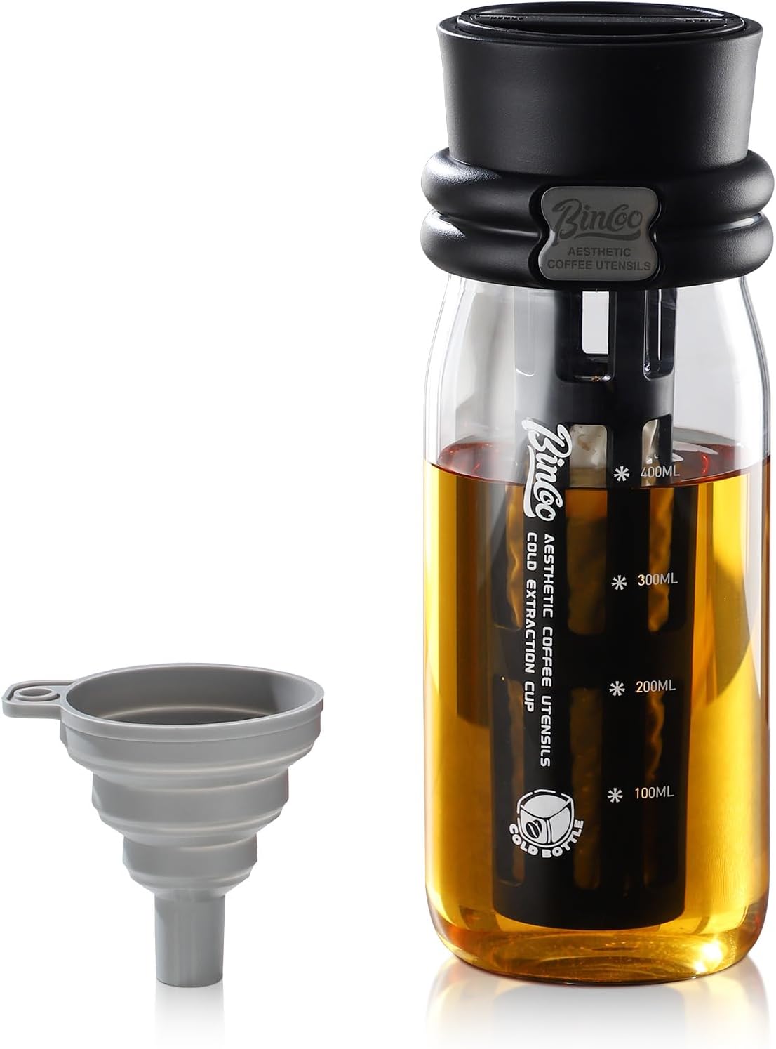 Bincoo GYKF2013 Borosilicate Glass Cold Brew Coffee Maker-600ml,Leak-Proof,Cold Brew Bottle with Fine Mesh Filter & Silicone Funnel,Multi-Functional for Coffee & Fruit Tea (Black)