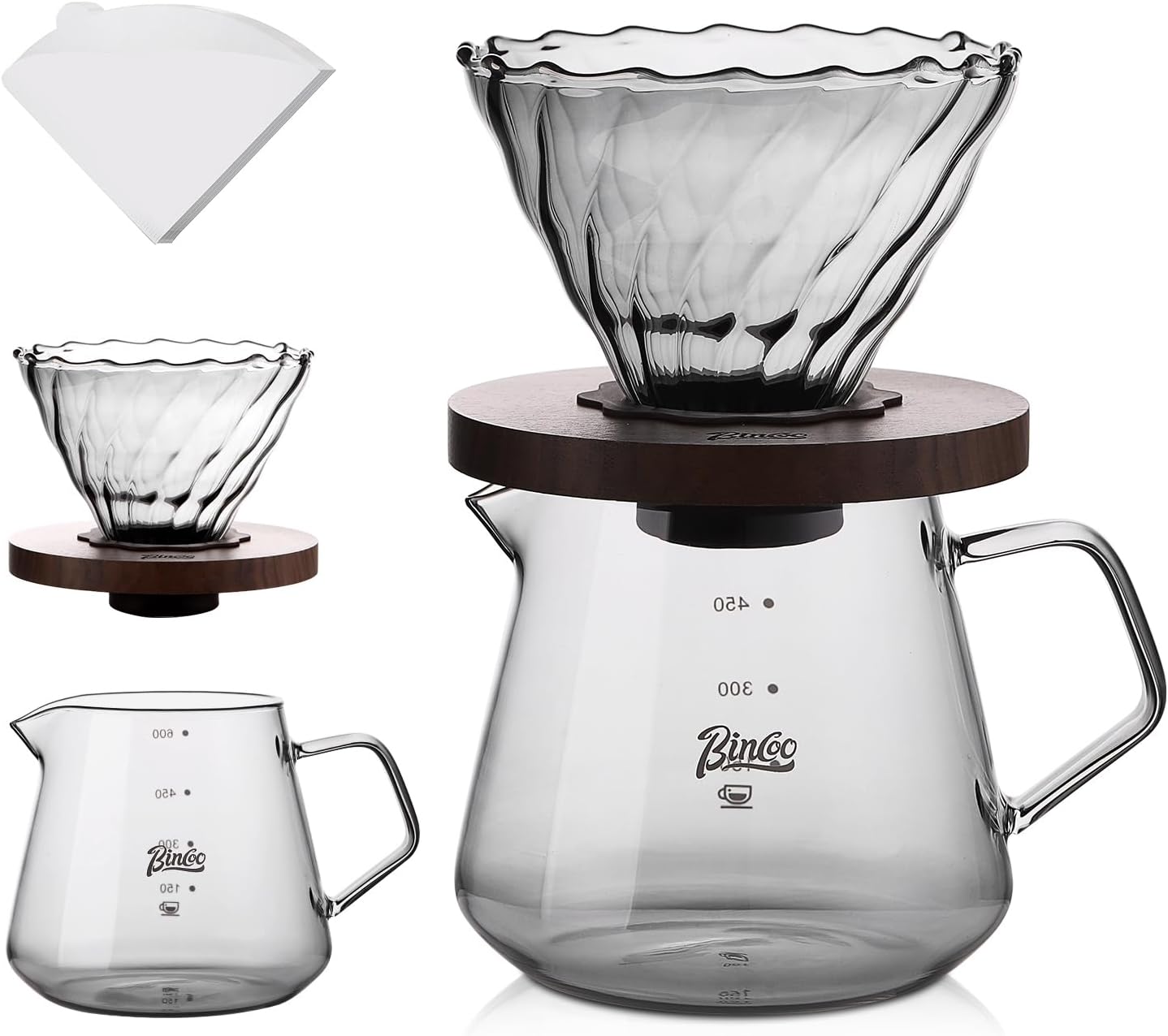 Bincoo Pour Over Coffee Maker Set - 600ML Glass Drip Coffee Pot,Coffee Server Set with Glass Dripper and 50PCS Paper Filter
