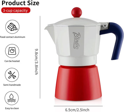 Bincoo Small Moka Pot, Stovetop Espresso Maker - Traditional Italian Coffee Brewer for Home, Camping, Stovetop, & Portable Use, 2 Cup (redwhite)