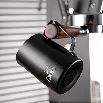 Milk Frothing Pitcher, 20OZ/600ML Stainless Steel Espresso Steaming Pitcher Coffee Milk Frother Cup with Handle and Scale (Black)