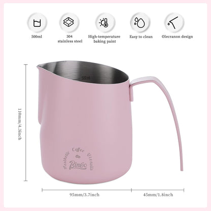 Milk Frothing Pitcher 500ML - Pink Espresso Steaming Pitcher, Stainless Steel Coffee Milk Frothing Cup with Large Handle and Scale, Espresso Machine Accessories for Barista