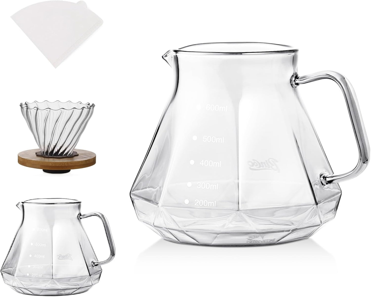 Pour Over Coffee Maker Set - Borosilicate Glass Dripper with Walnut Handle & Glass Lid, 50 pcs V60 Paper Filters Included - 600ml Pour Over Coffee Dripper for Home, Café, & Camping (Transparent)