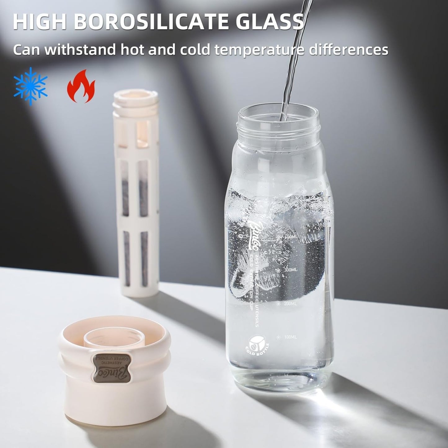 Bincoo GYKF2013 Borosilicate Glass Cold Brew Coffee Maker-600ml,Leak-Proof,Cold Brew Bottle with Fine Mesh Filter & Silicone Funnel,Multi-Functional for Coffee & Fruit Tea (Black)