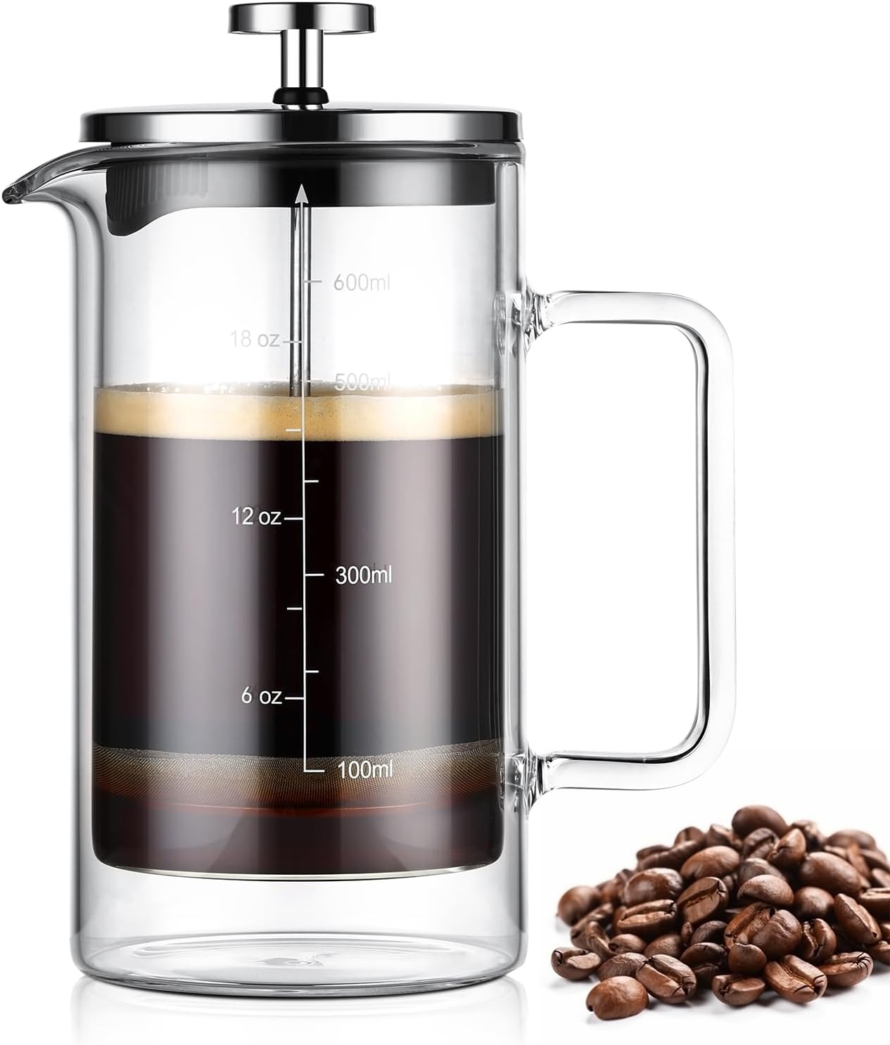 Bincoo KJ-68307 French Press Coffee Maker 600ML,Double Wall Insulated Borolicate Glass French Press for Tea and Frothed Milk Press