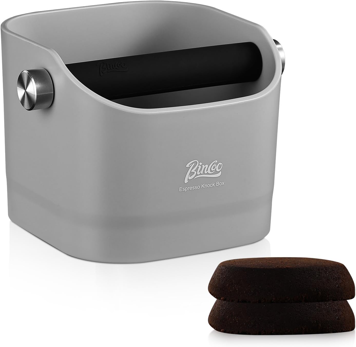 Bincoo GYKF2270 Square Coffee Knock Box 0.8L – ABS Espresso Knock Bin with Non-Slip Base, Wide 4.6" Slanted Opening & Detachable Silicone Knock Bar for Easy Cleaning and Quiet Use(Black square)