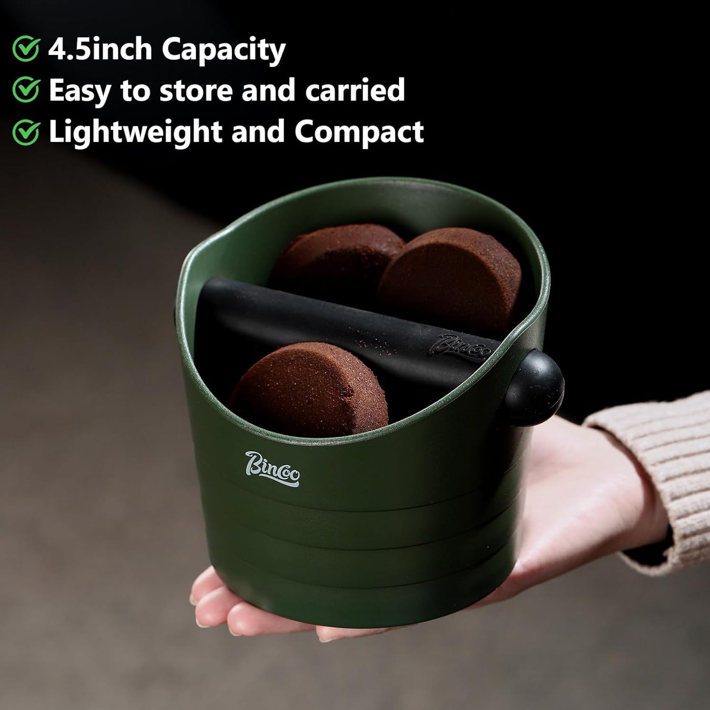 Cute Espresso Knock Box - 4.5 Inch Coffee Ground Knock Box, Espresso Puck Knock Box with Removable Knock Bar and Non-Slip Base (Army Green)