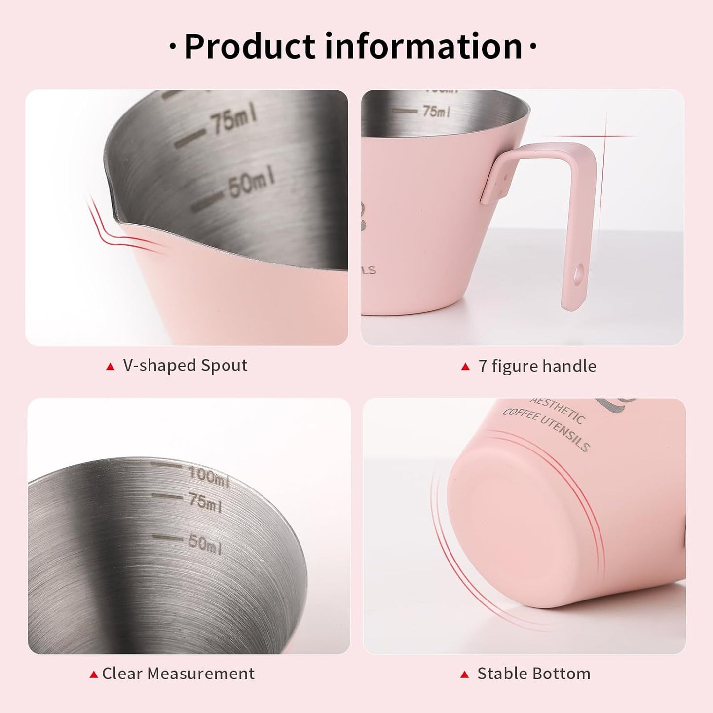 Stainless Steel Espresso Cup,3oz Espresso Shot Cup with V-shaped Spout,Metal Measuring Cup with Handle