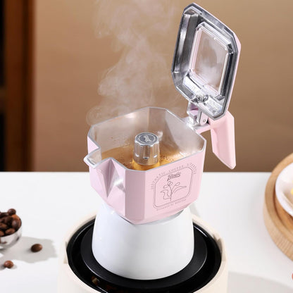 Pink Espresso Maker Stovetop, 2 Cups Moka Pot Italian Espresso Coffee Maker for Gas or Electric Ceramic Stovetop, 120ml Italian Coffee Maker for Cappuccino or Latte (Pink)