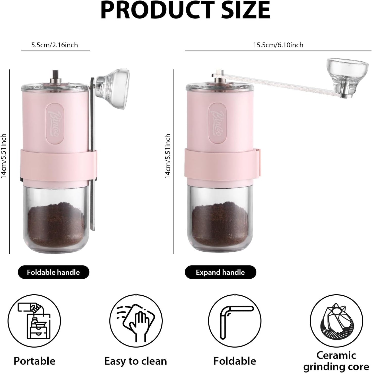 Bincoo Portable Manual Coffee Bean Grinder with Conical Ceramic Burr, Foldable Coffee Grinder for Outdoor Traveling Camping, Adjustable Coarseness (Pink)