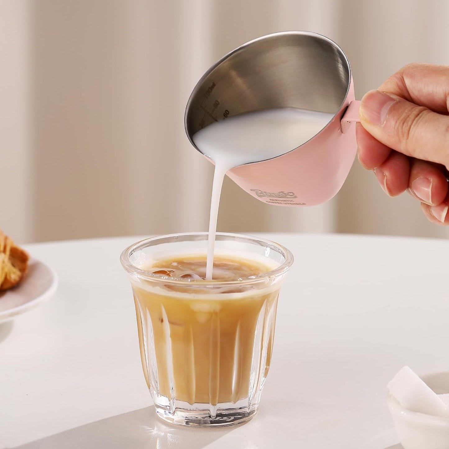 Pink Espresso Measuring Cup with Handle - 2 Pack Stainless Steel Espresso Pouring Cup with Double Spout,100ML Espresso Shot Cup for Coffee Bean,Tomato,Sauce,Milk