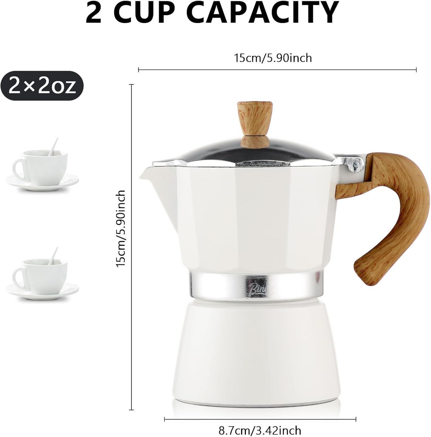 Bincoo Espresso Maker Stovetop,Camping Moka Pot 2 Cup/120ML,Stove Top Espresso Italian Coffee Maker,Easy to Use (White)