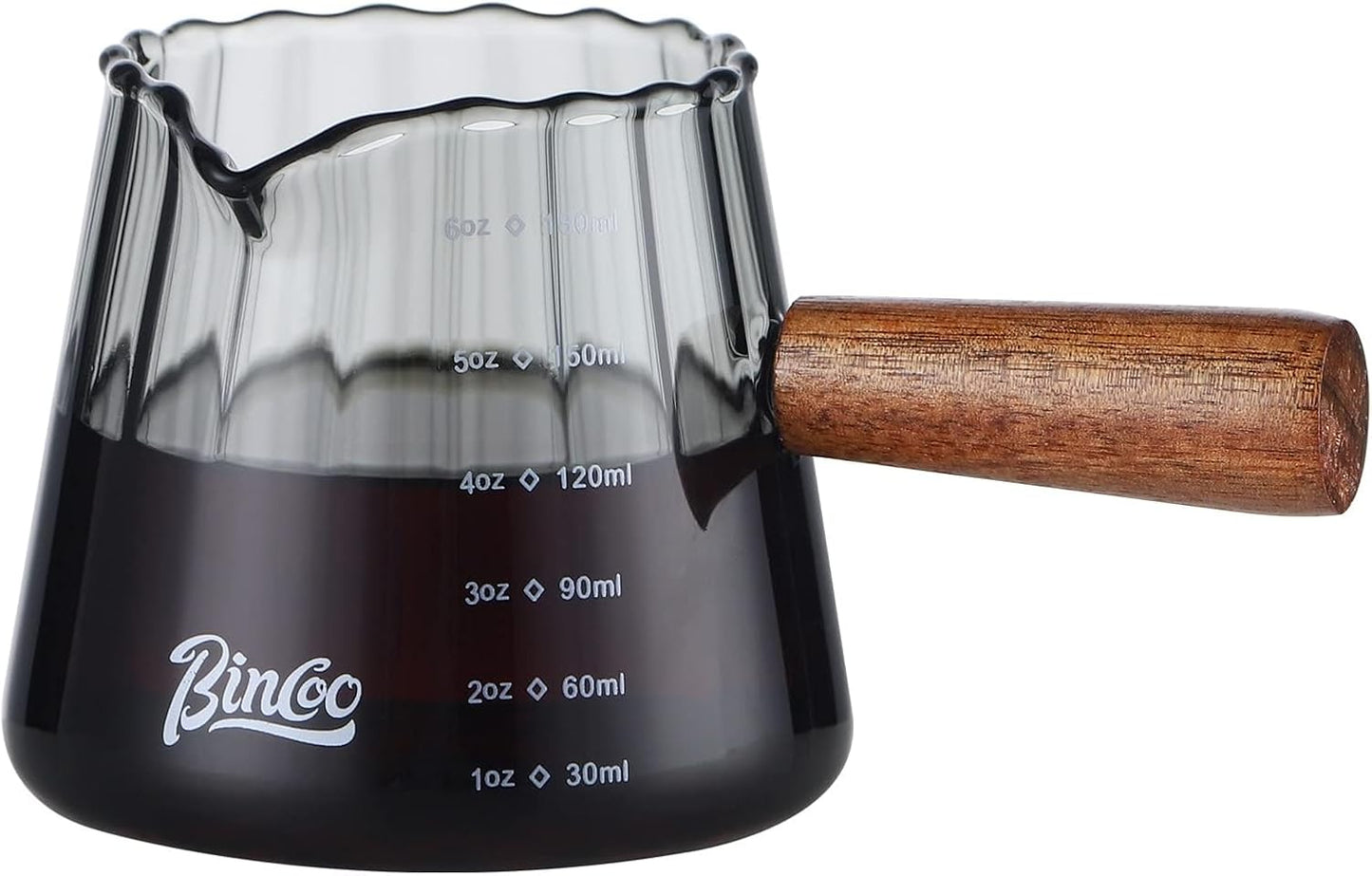 Bincoo GYKF0789 6oz Espresso Shot Glass with Wood Handle,Single Spouts Coffee Milk Measuring Cup with Clear Scale -Heat Resistant Glass Creamer for Coffee Tea or Maple Syrup Serving (180ML gray)