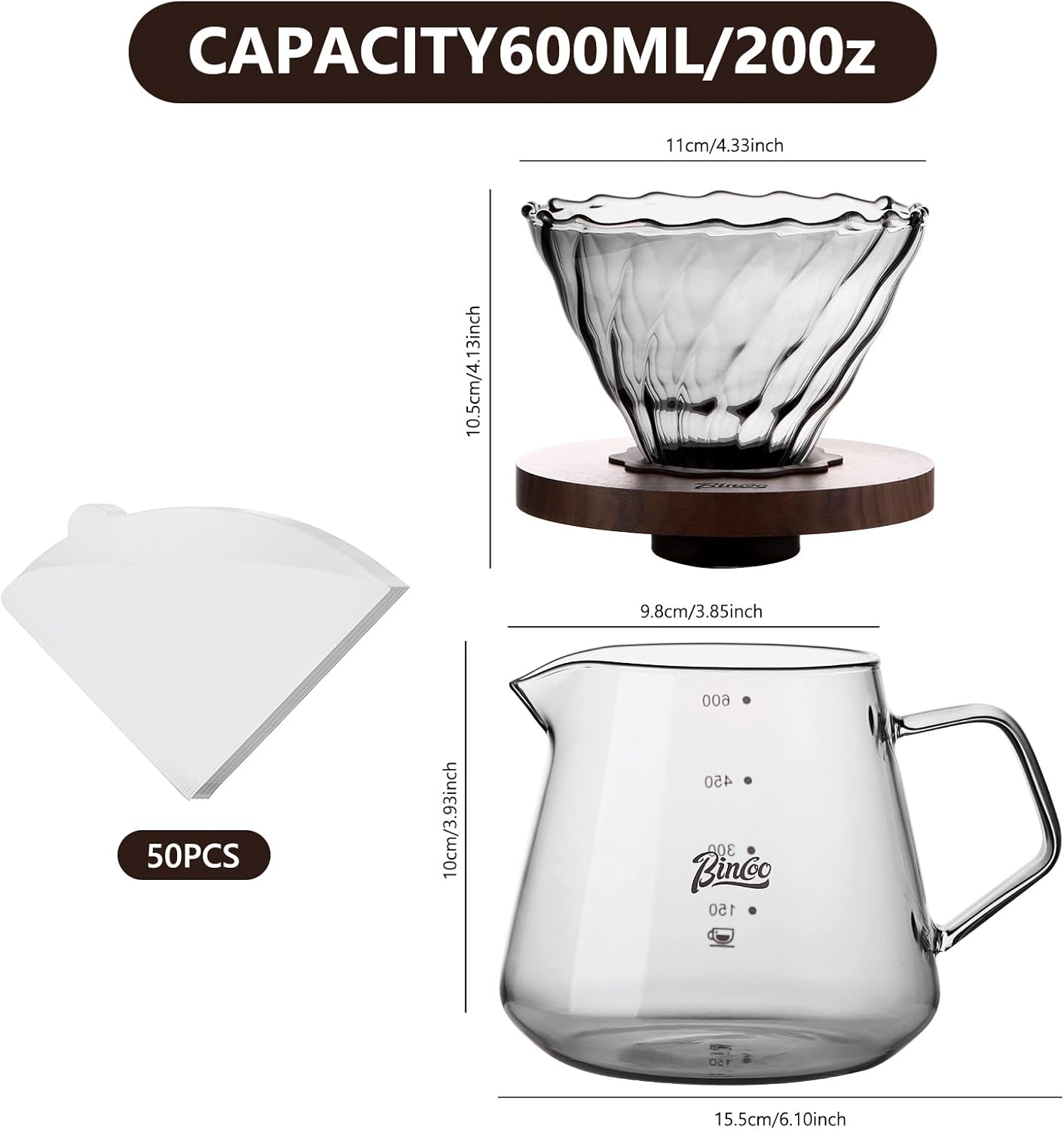 Bincoo Pour Over Coffee Maker Set - 600ML Glass Drip Coffee Pot,Coffee Server Set with Glass Dripper and 50PCS Paper Filter
