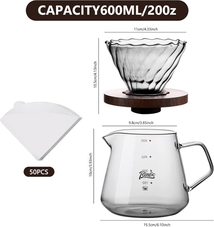 Bincoo Pour Over Coffee Maker Set - 600ML Glass Drip Coffee Pot,Coffee Server Set with Glass Dripper and 50PCS Paper Filter
