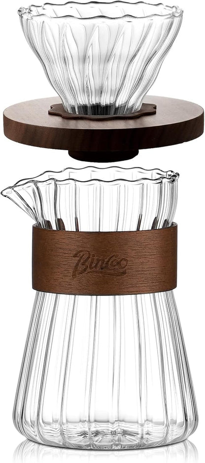 Bincoo Pour Over Coffee Maker Set - 500ML Glass Coffee Server Coffee Carafe with Walnut Dripper and 50PCS Paper Filter, Drip Coffee Maker Set for Home Café Restaurant