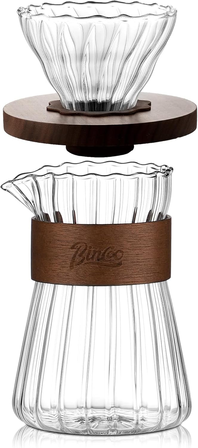 Bincoo GYKF1415 Pour Over Coffee Maker Set - 500ML Glass Coffee Server Coffee Carafe with Walnut Dripper and 50PCS Paper Filter, Drip Coffee Maker Set for Home Café Restaurant