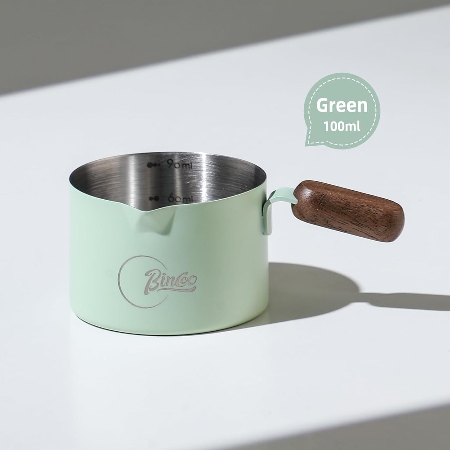 Bincoo GYKF2244 Espresso Shot Cup with Wood Handle,100ML Stainless Steel Espresso Measuring Cup Pouring Cup for Coffee Machine, Home, Barista