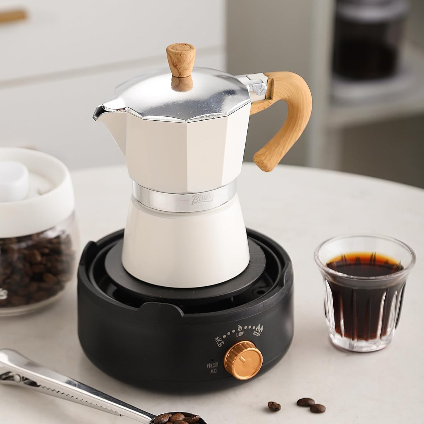 Bincoo Espresso Maker Stovetop,Camping Moka Pot 2 Cup/120ML,Stove Top Espresso Italian Coffee Maker,Easy to Use (White)