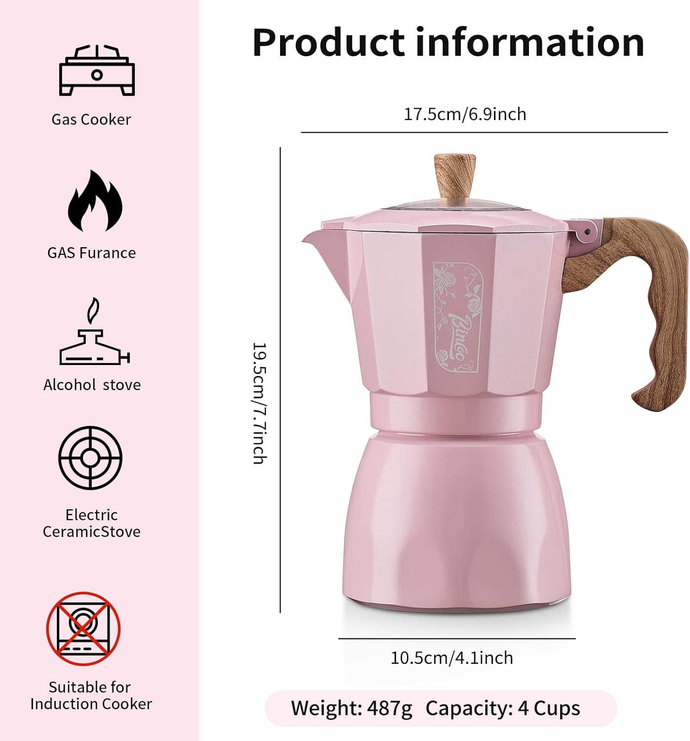 Bincoo Pink Espresso Maker Stovetop - Classic Aluminum Italian Coffee Maker,4 Cups Moka Pot for Italian and Cuban Café Brewing, Double Valve Extraction (Pink, 4 Cups)