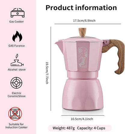 Bincoo Pink Espresso Maker Stovetop - Classic Aluminum Italian Coffee Maker,4 Cups Moka Pot for Italian and Cuban Café Brewing, Double Valve Extraction (Pink, 4 Cups)