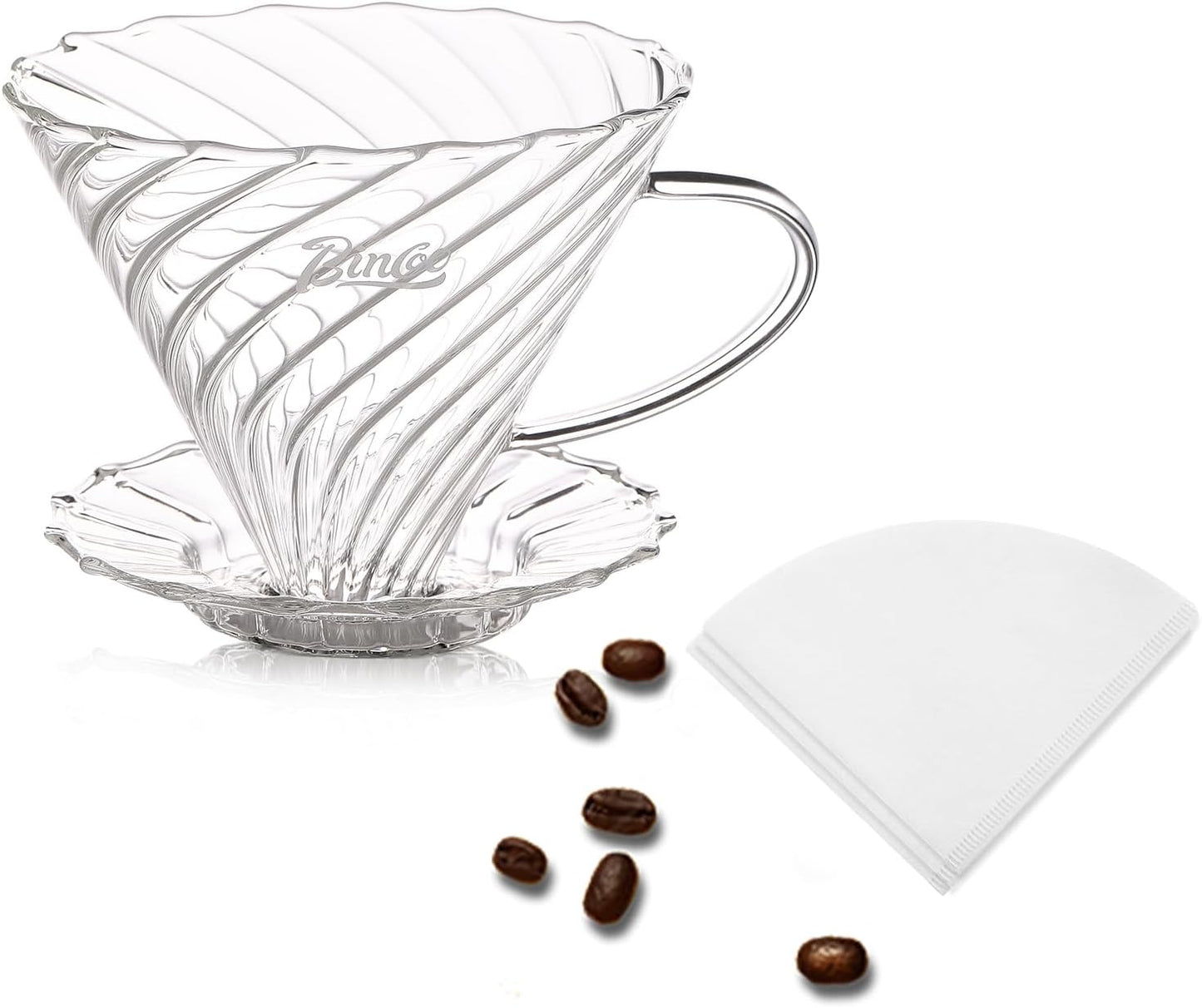 Bincoo Coffee Dripper,with 40 coffee filters Resuable Pour Over Coffee Maker With Handle, Slow Brewing Coffee Pour Over for Cafe, Travel, Home&Offices, 01 (Borosilicate Glass, 1-2 Cups(V01)