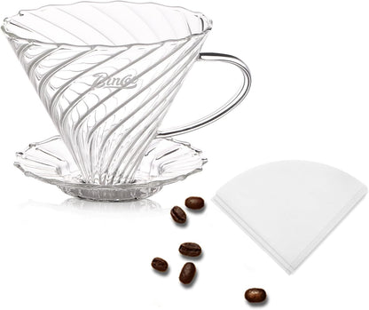 Bincoo Coffee Dripper,with 40 coffee filters Resuable Pour Over Coffee Maker With Handle, Slow Brewing Coffee Pour Over for Cafe, Travel, Home&Offices, 01 (Borosilicate Glass, 1-2 Cups(V01)
