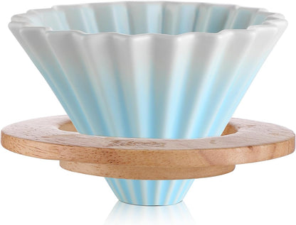 Bincoo GYKF1990 Ceramic Coffee Dripper,Pour Over Coffee Dripper with Wood Stand, Flower-shape for 1-2 Cups Slow Brewing Maker for Home Cafe (Pink)