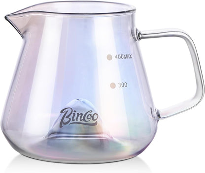Bincoo GYKF2269 Glass Coffee Server 400ml,Heat-Resistant Borosilicate Glass Coffee Carafe with Drip-Free Spout Clear Pitcher for Hot & Cold Beverages,Easy to Clean,Dishwasher Safe(Colorful)
