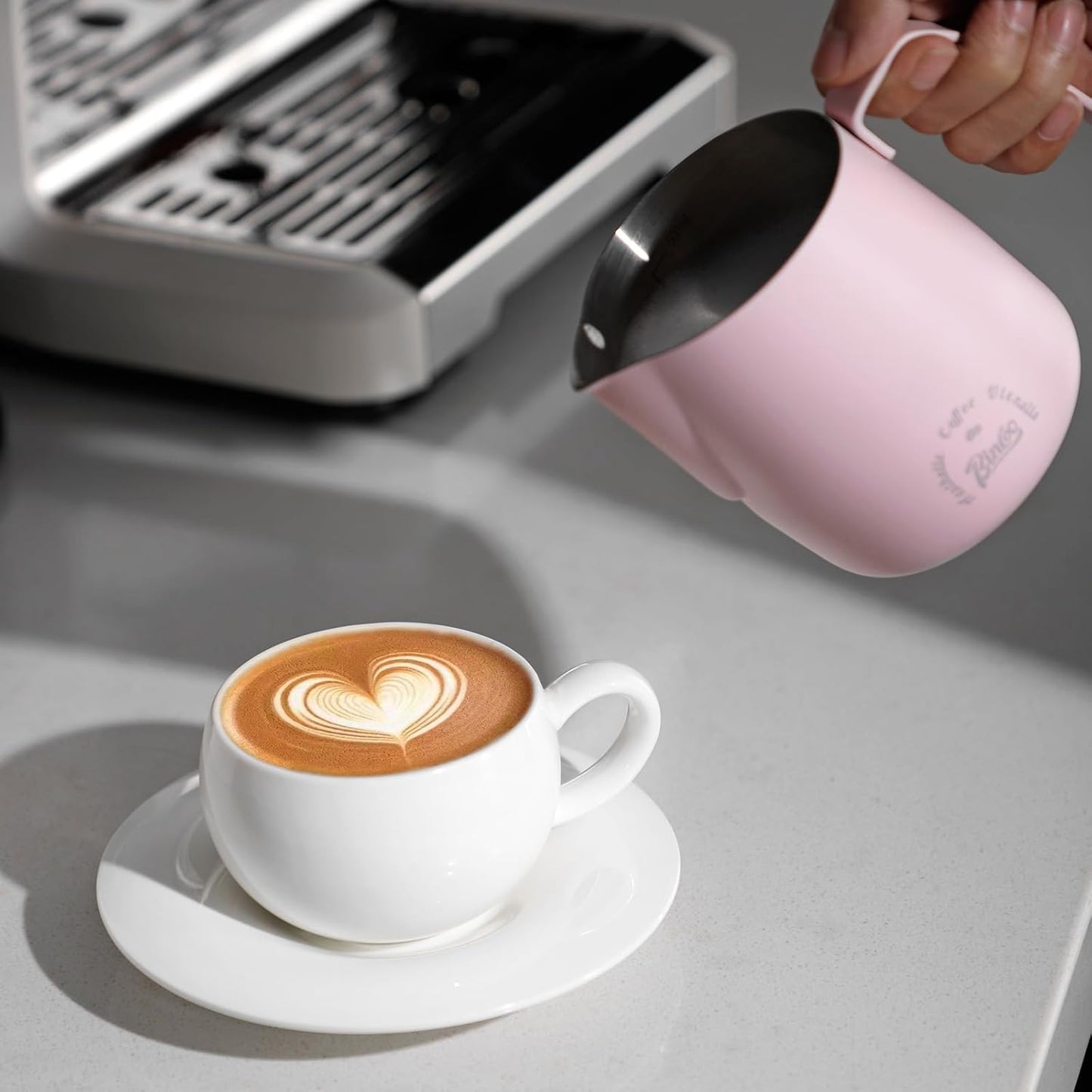 Milk Frothing Pitcher 500ML - Pink Espresso Steaming Pitcher, Stainless Steel Coffee Milk Frothing Cup with Large Handle and Scale, Espresso Machine Accessories for Barista