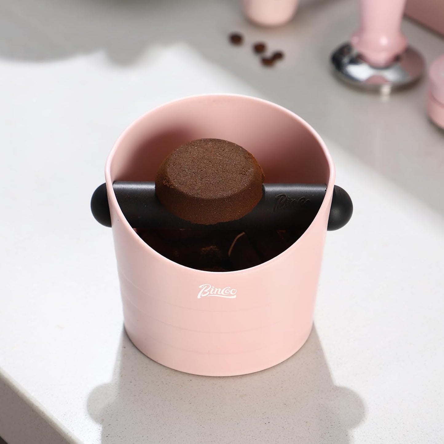 Pink Espresso Knock Box - Bincoo Pink Espresso Machine Knock Box/Espresso Grounds Knock Box, Barista Style Coffee Knock Box for Grounds with Removable Shock-Absorbent Knock Bar and Anti-Slip Base.