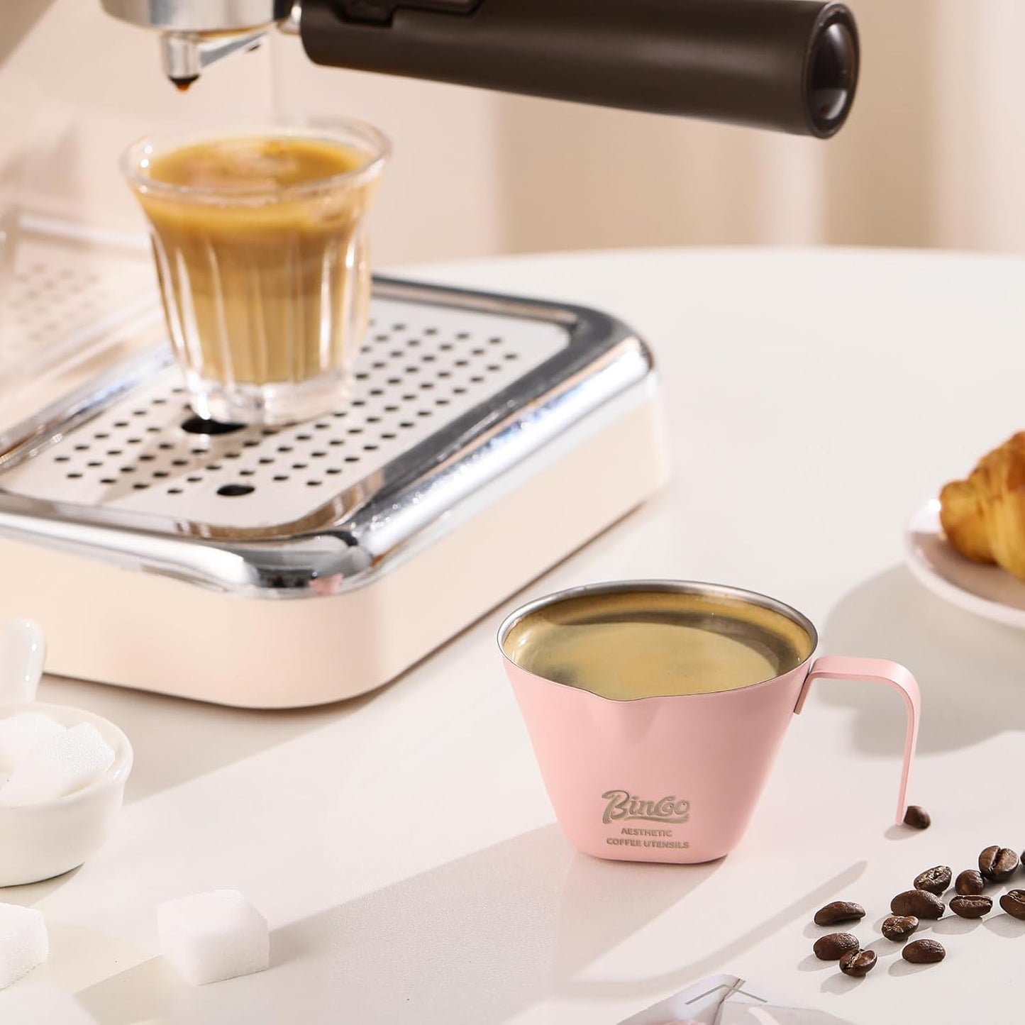 Pink Espresso Measuring Cup with Handle - 2 Pack Stainless Steel Espresso Pouring Cup with Double Spout,100ML Espresso Shot Cup for Coffee Bean,Tomato,Sauce,Milk