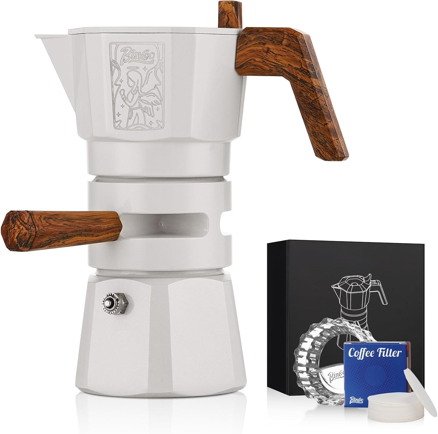 Bincoo GYKF0540 120ML/2 Cup Stovetop Espresso Maker Double Valve Moka Pot  with Thermostat Extractor,Italian Espresso Moka Pot with Powder Dispenser  ...