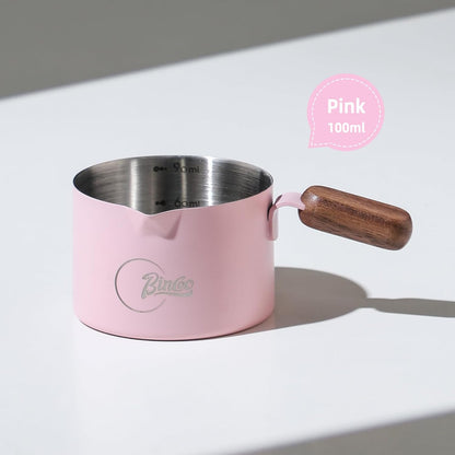 Bincoo GYKF2244 Espresso Shot Cup with Wood Handle,100ML Stainless Steel Espresso Measuring Cup Pouring Cup for Coffee Machine, Home, Barista