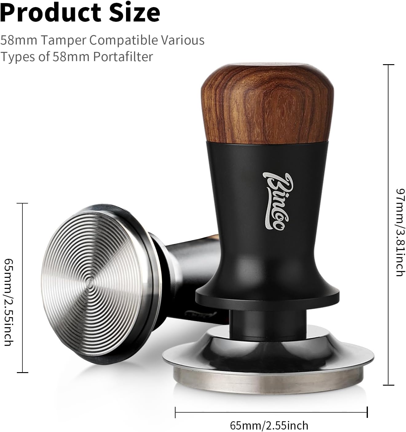 58mm Espresso Coffee Tamper - Coffee Tamper with Calibrated Spring Loaded, Espresso Hand Tamper, Flat Stainless Steel Base Espresso Accessories, Adjustable Depth, Wood