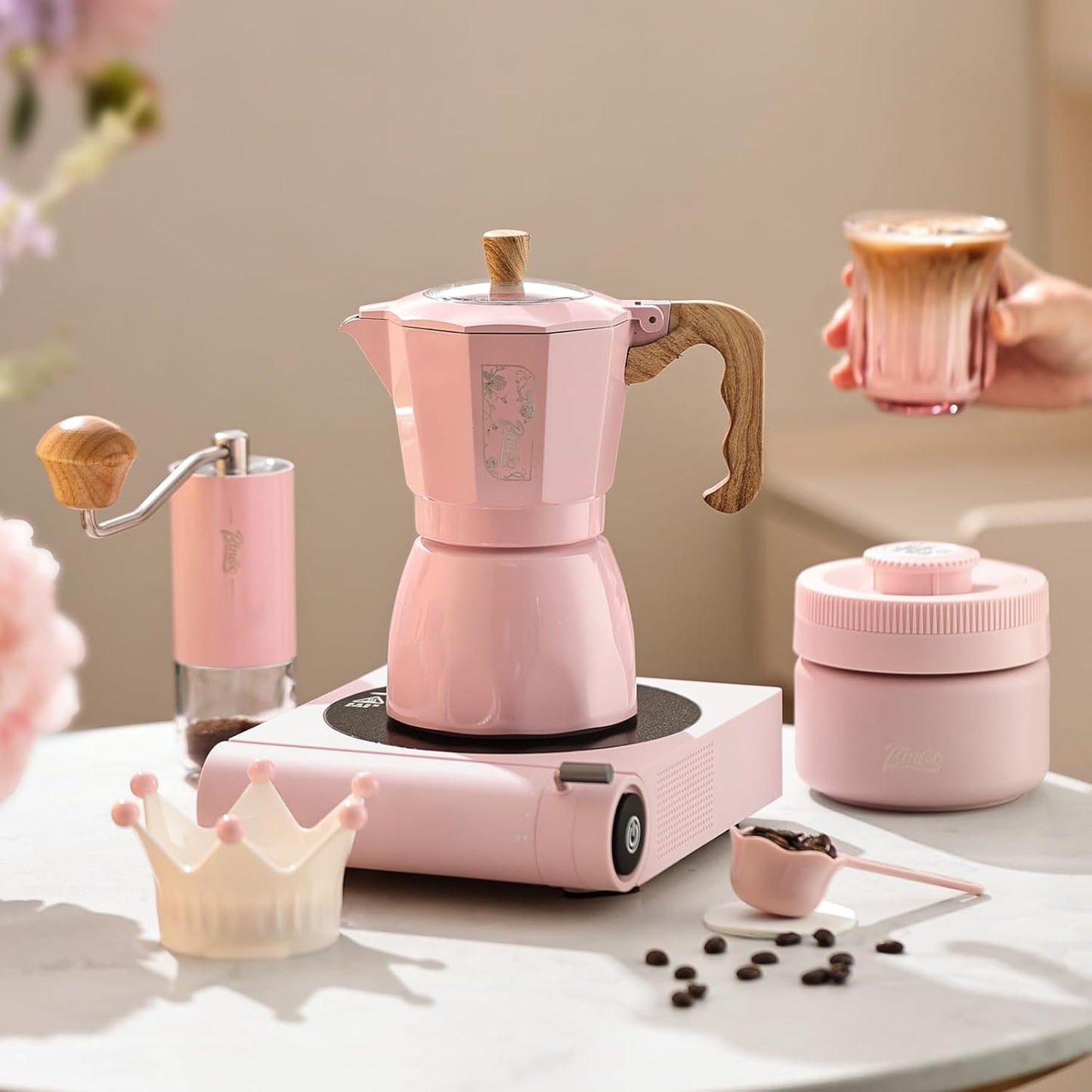 Bincoo Pink Espresso Maker Stovetop - Classic Aluminum Italian Coffee Maker,4 Cups Moka Pot for Italian and Cuban Café Brewing, Double Valve Extraction (Pink, 4 Cups)