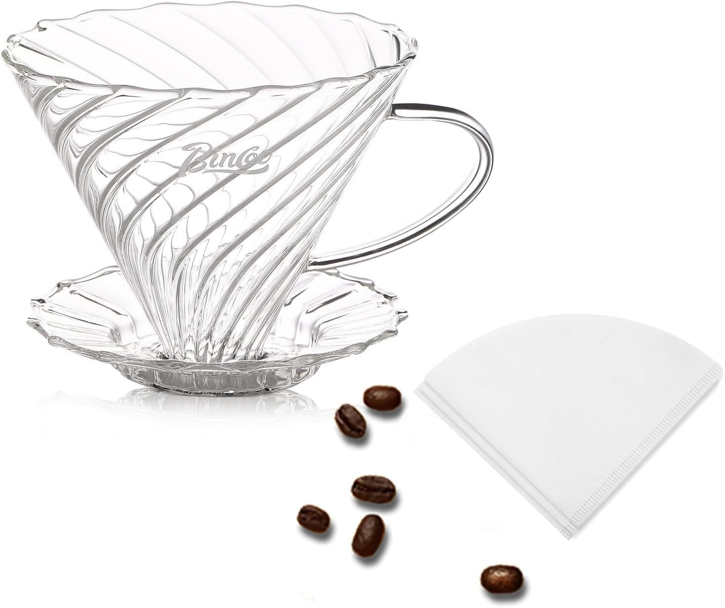 Bincoo Coffee Dripper,with 40 coffee filters Resuable Pour Over Coffee Maker With Handle, Slow Brewing Coffee Pour Over for Cafe, Travel, Home&Offices, 01 (Borosilicate Glass, 1-2 Cups(V01)