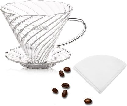 Bincoo Coffee Dripper,with 40 coffee filters Resuable Pour Over Coffee Maker With Handle, Slow Brewing Coffee Pour Over for Cafe, Travel, Home&Offices, 01 (Borosilicate Glass, 1-2 Cups(V01)