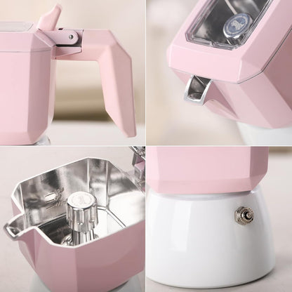 Pink Espresso Maker Stovetop, 2 Cups Moka Pot Italian Espresso Coffee Maker for Gas or Electric Ceramic Stovetop, 120ml Italian Coffee Maker for Cappuccino or Latte (Pink)