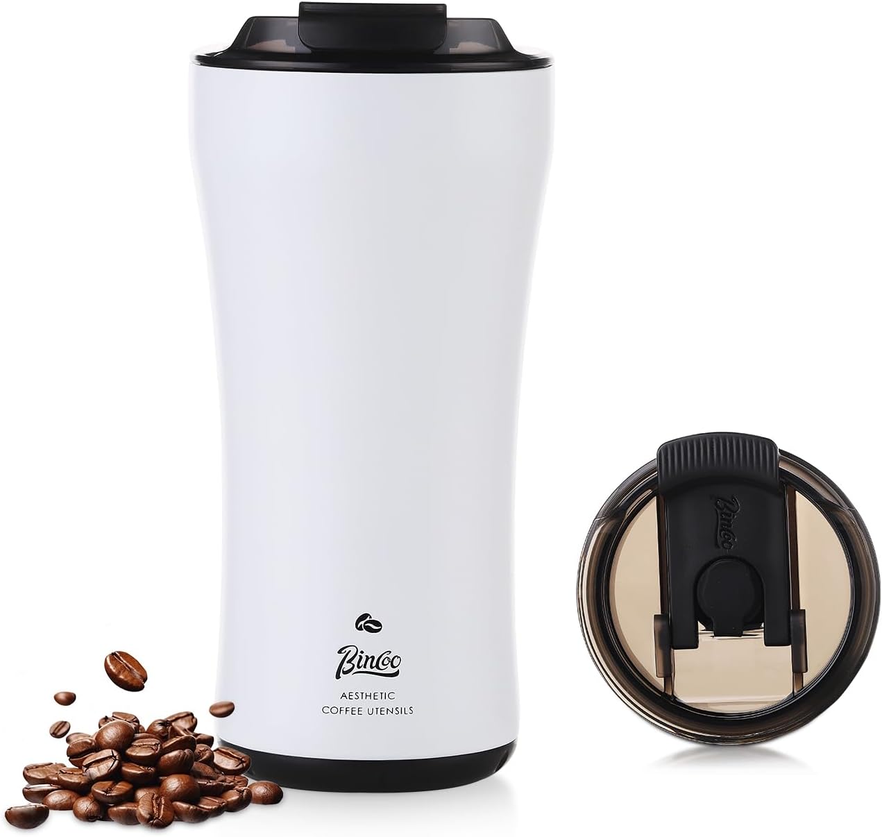 Bincoo 316 Stainless Steel Insulated Coffee Travel Mug 12.8oz,Leak-proof Insulated Travel Coffee Tumbler Keeps Drinks Hot/Cold for 6 Hours,with Storage Compartment,Ideal for Office,Outdoors,Car