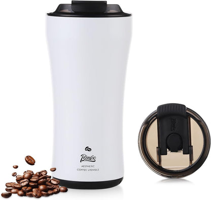 Bincoo 316 Stainless Steel Insulated Coffee Travel Mug 12.8oz,Leak-proof Insulated Travel Coffee Tumbler Keeps Drinks Hot/Cold for 6 Hours,with Storage Compartment,Ideal for Office,Outdoors,Car