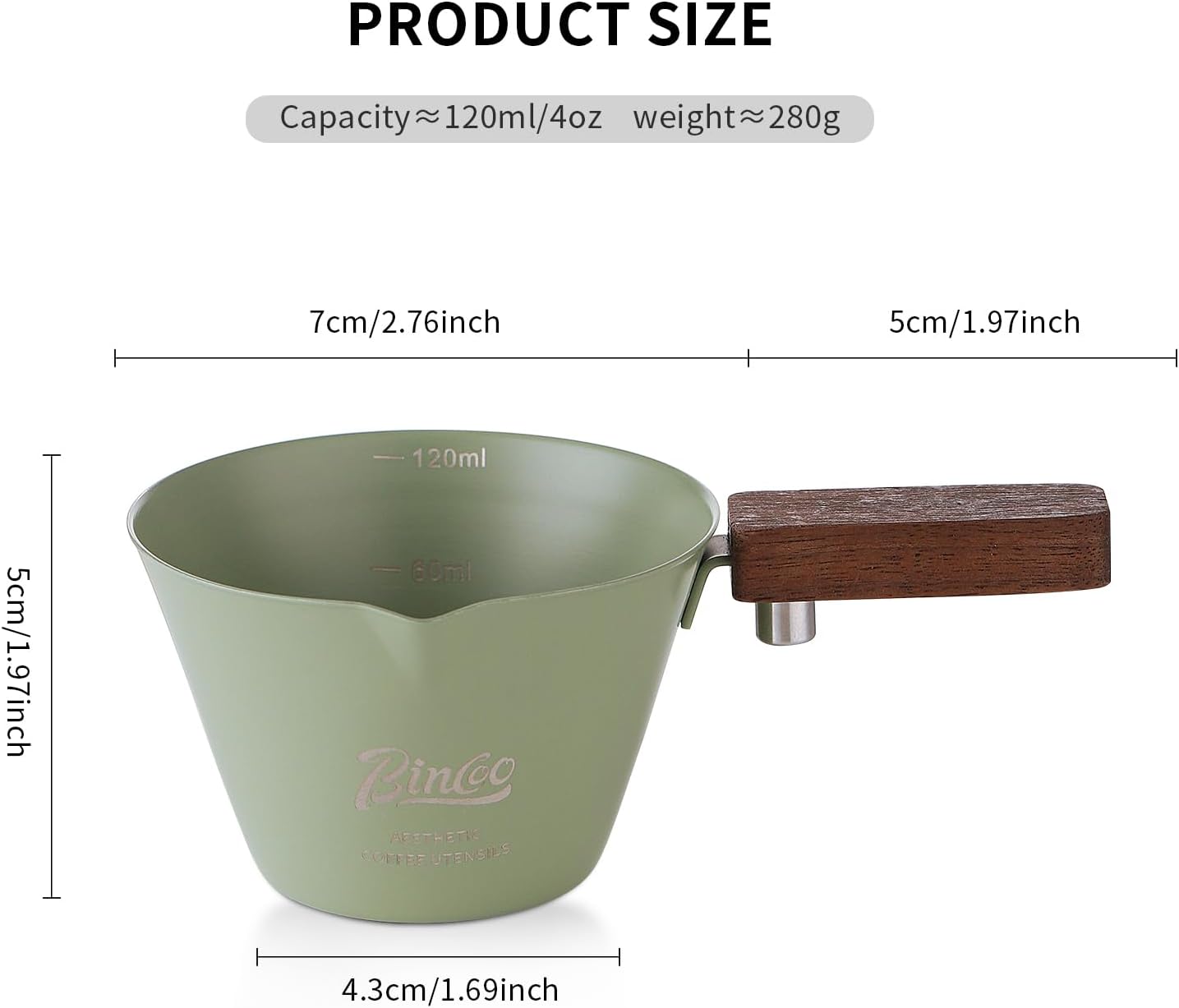 Green Espresso Shot Cup Set of 2,Stainless Steel Espresso Measuring Cup with Wood Handle,120ML Espresoo Coffee Pouring Cup,2 Pack