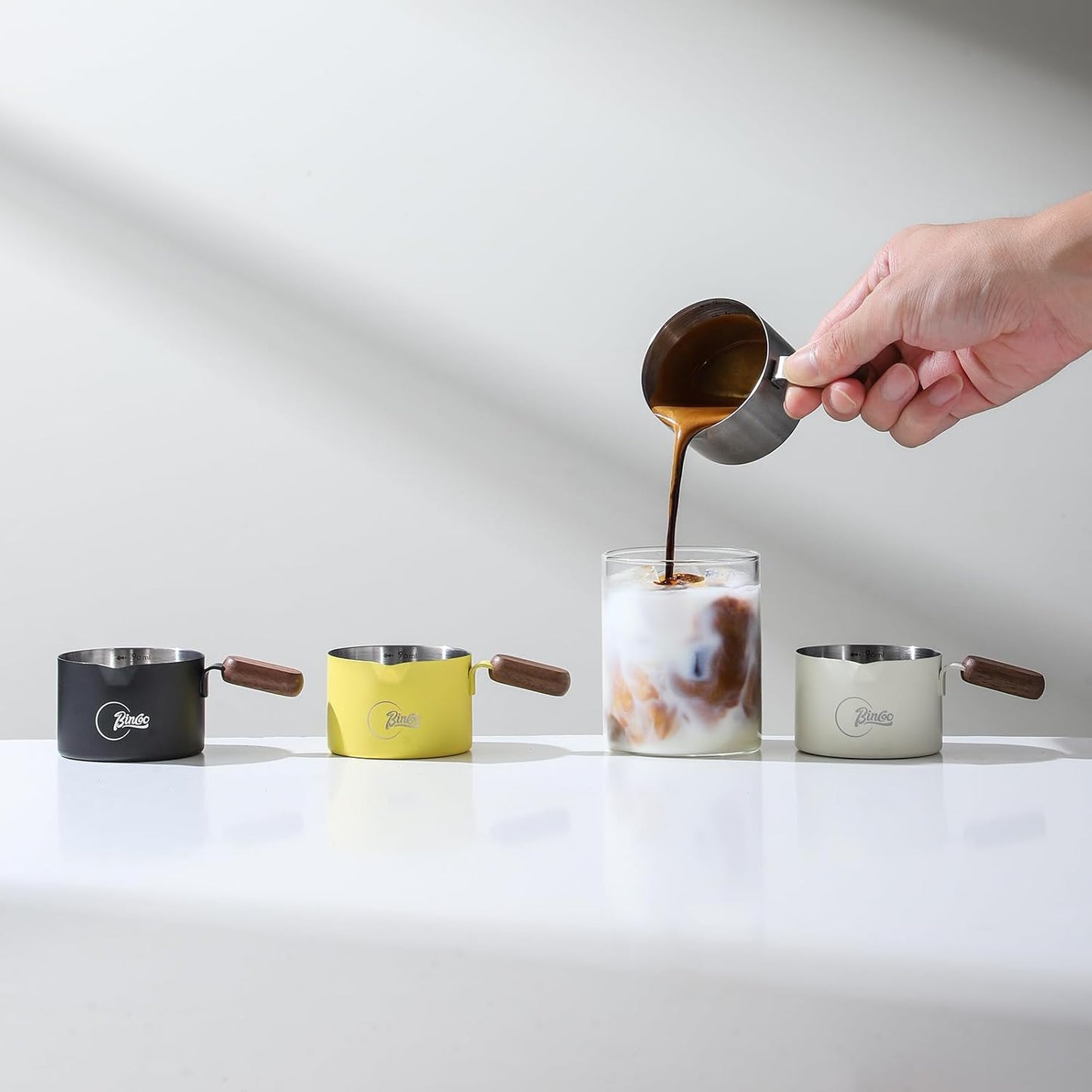 Bincoo GYKF2244 Espresso Shot Cup with Wood Handle,100ML Stainless Steel Espresso Measuring Cup Pouring Cup for Coffee Machine, Home, Barista