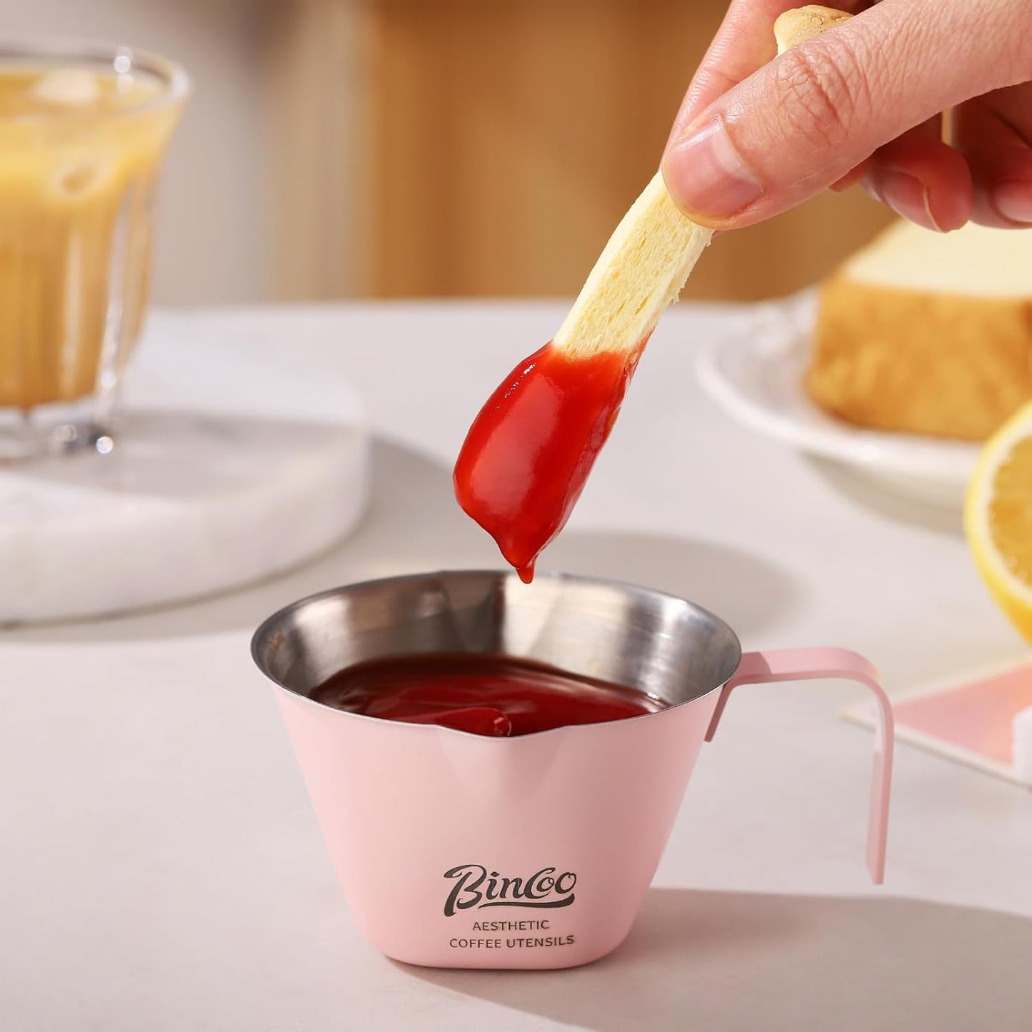 Pink Espresso Measuring Cup with Handle - 2 Pack Stainless Steel Espresso Pouring Cup with Double Spout,100ML Espresso Shot Cup for Coffee Bean,Tomato,Sauce,Milk